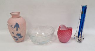 Pink and white satin glass vase with trefoil rim, 11cm high, an opalescent and moulded glass bowl