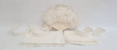 Vintage white feather and cream bakelite fan, two cream shawls, collars and a collar box
