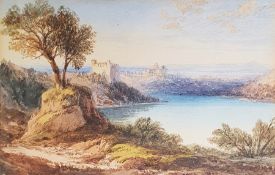 19th century school Watercolour drawing Mediterranean lakeside landscape with buildings on hills