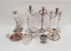 Silver plated three-branch candelabra, a large silver plated chamberstick and various other items