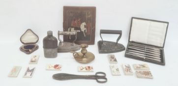 Gold-plated ornate bracelet with padlock clasp, cased, set six tea knives with silver-plated