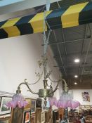 20th century three-branch electrolier, brass body and flared glass shades Condition ReportImages