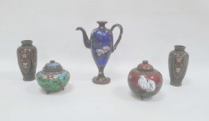 Group of five Chinese cloisonne vessels, 19th century, including a vase teapot in blue, 16cm high, a
