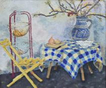 R Lawes (20th century) Oil on board Still life with chair and table, depicting a jug and fruit,