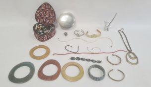 Basket of costume jewellery including wooden bangles, bead necklaces, a Swatch wristwatch etc.
