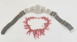 Graduated coral and gilt metal necklace, boxed and silver-coloured metal and green leather belt, the