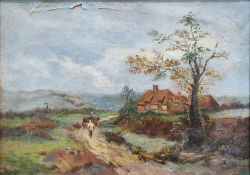 19th/20th century school Oil on canvas Cottage with figures on a path, unsigned, 24.5cm x 34.5cm