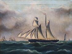 Richard B. Spencer (British, d.1874) Oil on canvas Clipper ship with lighthouse, signed lower left