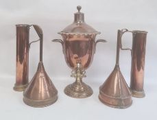 Brass copper urn-shaped samovar, two large copper funnels and two copper and brass specific