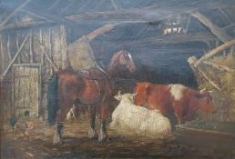 British School (19th century) Oil on canvas Farm barn with horse, cattle and chickens, signed