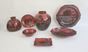 Collection of Royal Doulton flambe ware to include a ginger jar with cottages in river landscape,