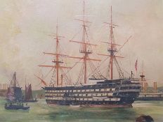 19th century school Oil on board Ships in harbour, marked to reverse signed T. Moss, dated 1887