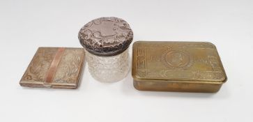 Cut glass dressing table jar with silver cover, a silver coloured compact of square form engraved