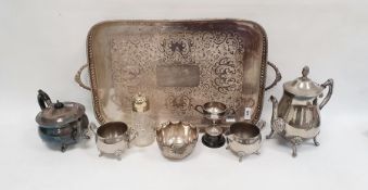 Plated three-piece teaset, a large silver plated two-handled tray of rectangular form with pierced