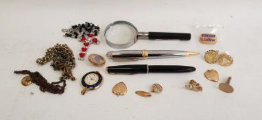 Parker black fountain pen with 14K gold nib, a Croft ballpoint pen, a small quantity of costume