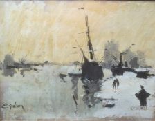 Attributed to Eugéne Galien-Laloue (1854-1941) Oil on board Ships in dockland/harbourside  Signed