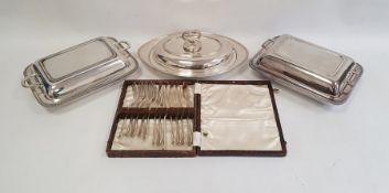 Three silver plated vegetables dishes and covers and other items