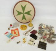 Quantity vintage buttons, darning mushroom and a reproduction needlepoint covered circular stool