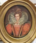 20th century school Oil on panel Oval half length portrait of Elizabeth I Unsigned 24cm x 20cm
