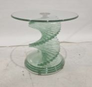 Circular glass coffee table on stepped spiral glass column and circular base, 59.5cm diameter