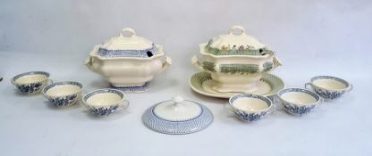 Large Masons two-handled soup tureen and cover with blue border, a set of six two-handled soup bowls