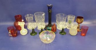 EPNS mounted cut glass claret jug, a cut glass biscuit barrel, two decanters, small quantity of