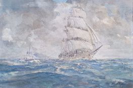 English school (19th/early 20th century) Oil on canvas Ship in full sail and a funnel tug boat at