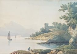 John Varley (1778-1842) Watercolour Lakeside landscape with two figures in foreground, signed