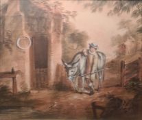 Pair of late Georgian small watercolour on print pictures, boy and girl with donkey and pony, 16cm x