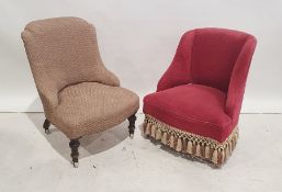 Early Victorian low seated salon chair on turned front legs to white china castors and one further