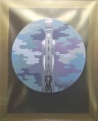 Contemporary school Colour print Art deco style figure on blue khaki background in gold mount