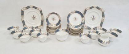 English porcelain part tea service, late 19th century, printed and painted with birds perched on