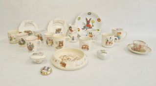 Collection of nurseryware pottery mugs, circa 1930 and later, variously printed and painted with