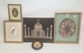 Woolwork tapestry picture, a woven silk picture, a watercolour of a bird, an Indian silver thread