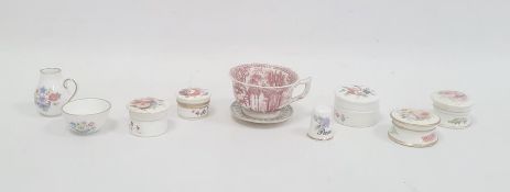 Collection of English porcelain pots and covers painted with bouquets of flowers, a Staffordshire
