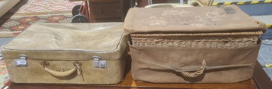 Wicker basket with canvas cover and a suitcase with initials 'PJA' (2)