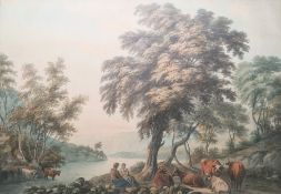Light (?) Watercolour drawing River landscape, two figures seated with herd of cattle at water's