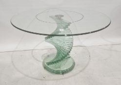 Modern glass breakfast table, the circular top on stepped glass spiral base, approx 120cm diameter