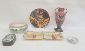 Poole pottery bowl painted in shades of green and grey with stylised flowers, 21.5cm dia, a small