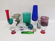 Studio glass trumpet vase, coiled, a Mtarfa glass paperweight, a white opaline and clear