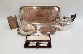 Silver plated teapot, a two handled silver plated tray and various other items