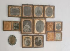 11 Victorian portrait and other photographs in leather and gilt cases and a small mosaic