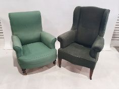 Two 19th century armchairs, one wing back, both in green covers and both with loose fitting
