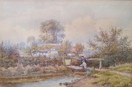 William Wilde (1826-1901) Watercolour Children playing with boat in river, farm cottage beyond,