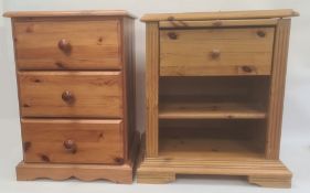 Pine bedside chest of three drawers and a pine bedside table with brushing slide, single drawer