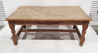 Possibly 19th century pine rectangular table with drawer to frieze, turned and block supports,