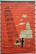 Vintage Italian picture tea towel, humorous scene of Pisa, copyright R Peynet.C.Perfetto, on hanger
