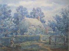 19th century school Watercolour drawing Man with dog outside thatched cottage, unsigned, 22cm x 29cm