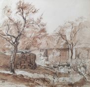 E Payne  Watercolour drawing  Figure at work beside farm building, en grisaille, signed and dated
