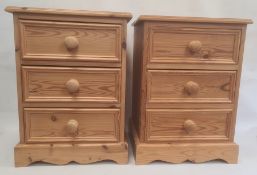 Pair of 20th century pine three-drawer bedside chests, 44cm x 60cm (2)